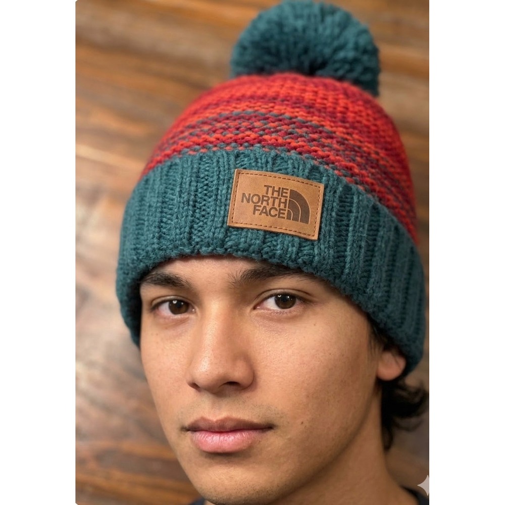 The North Face Beanie Hat Red Teal Blue Pom Pom Fleece Lined One Size PD292294